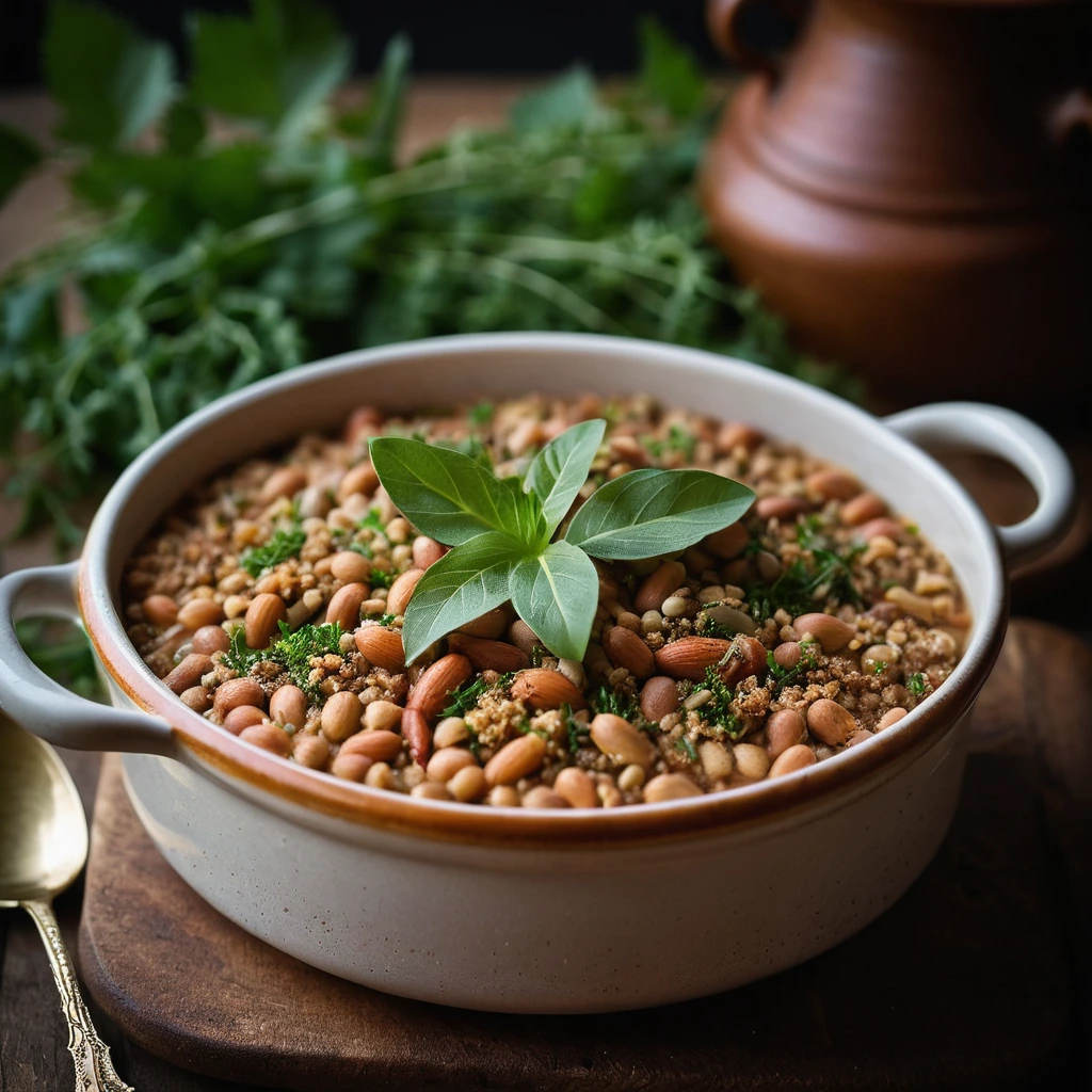 A deep earthenware dish filled with a rich, bubbly cassoulet topped with golden breadcrumbs and flecks of green herbs.
