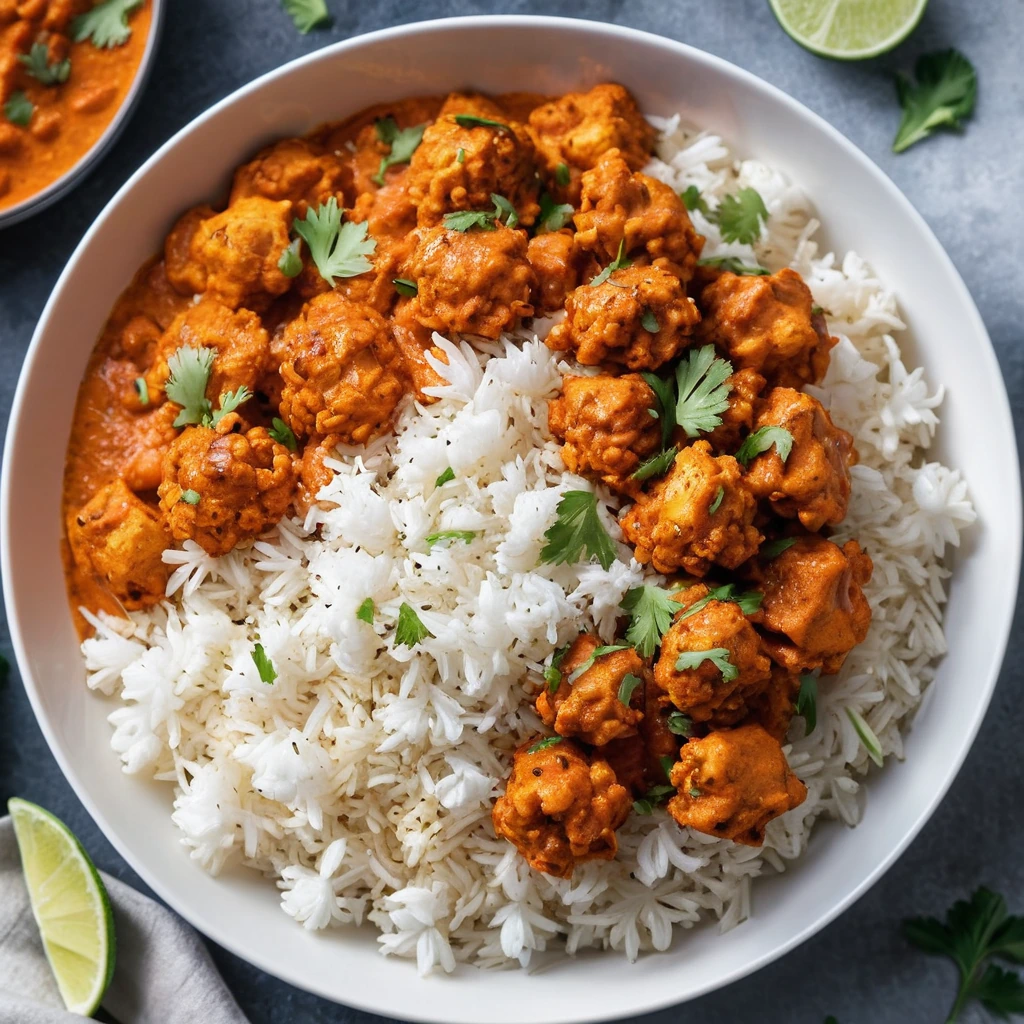 Steamed cauliflower florets in a vibrant orange sauce served over a bed of fluffy white basmati rice.