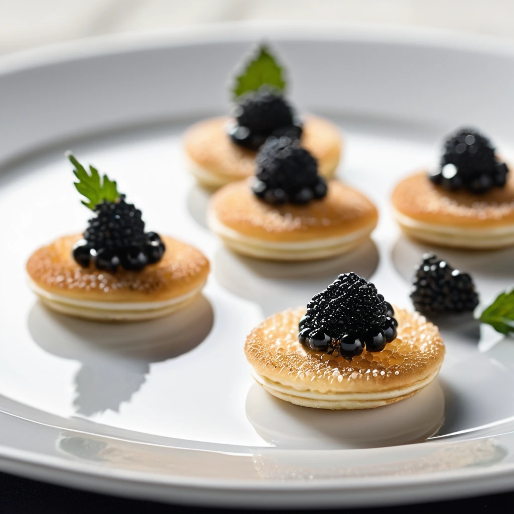 Golden blinis on a white plate with black caviar and white crème fraîche.
