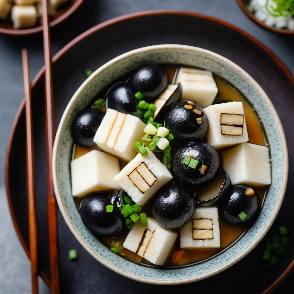 Steamed tofu cubes and sliced century eggs in a savory sauce, garnished with green onions in a white bowl.