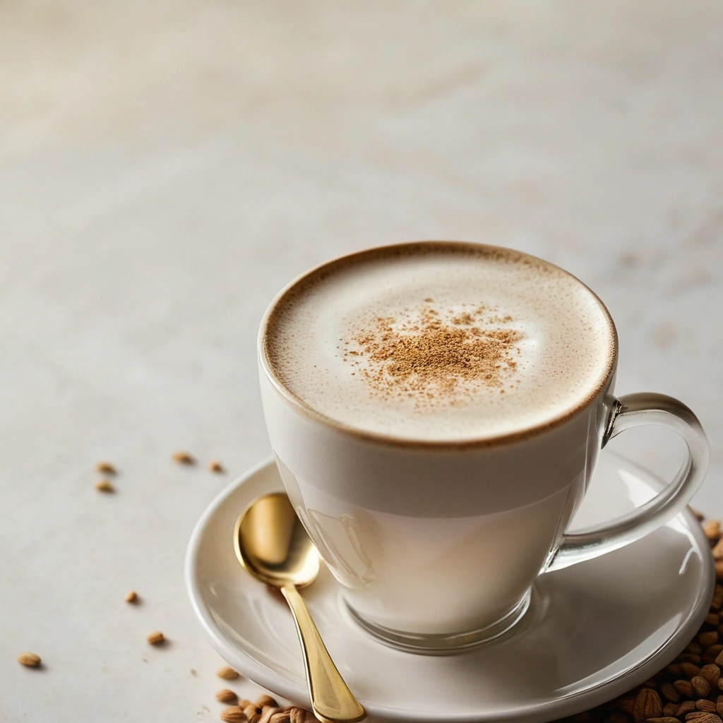 A steaming mug of latte with a golden hue and a sprinkle of cinnamon on top.