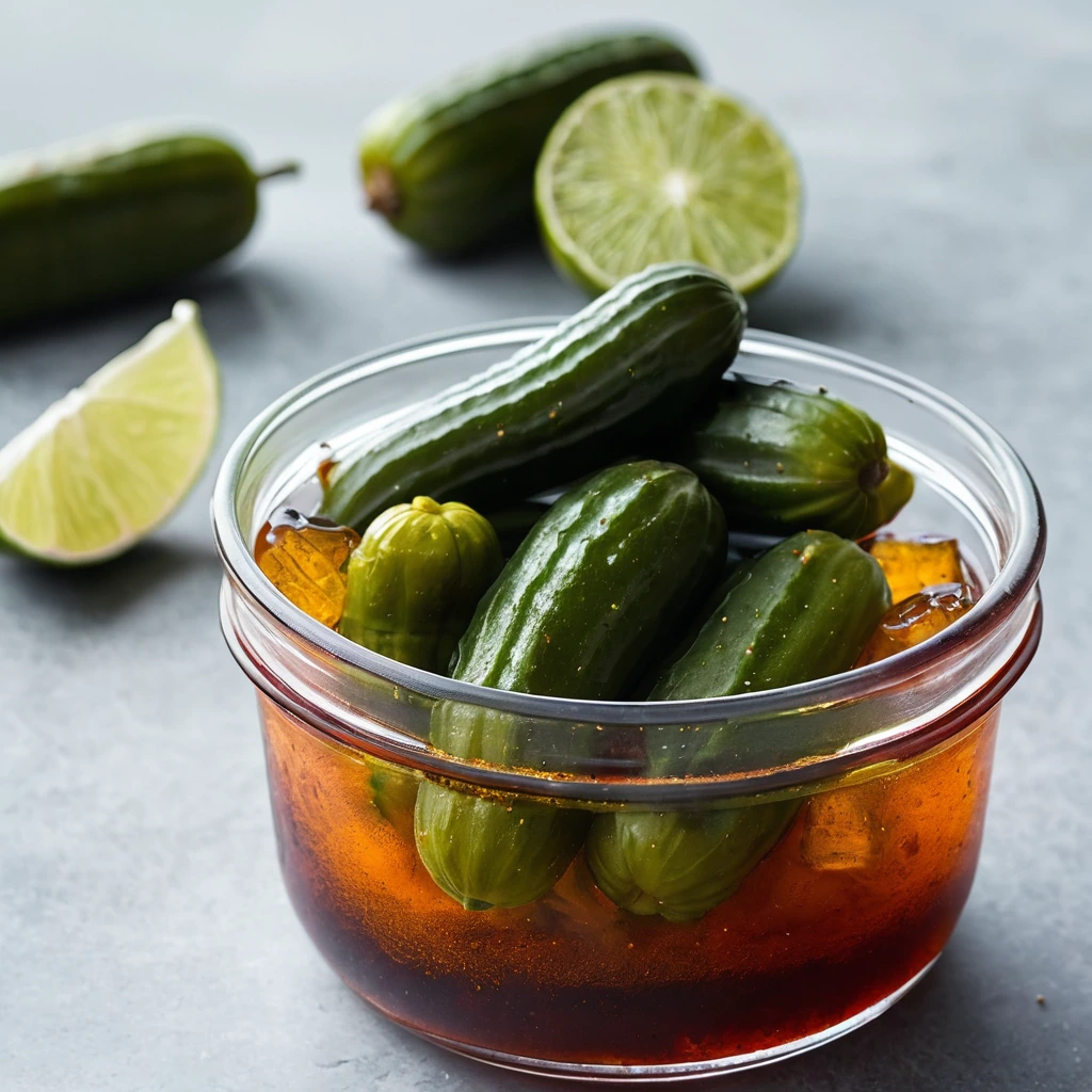 Vibrant green pickles in a glossy, amber chamoy sauce, garnished with chili powder in a white bowl.