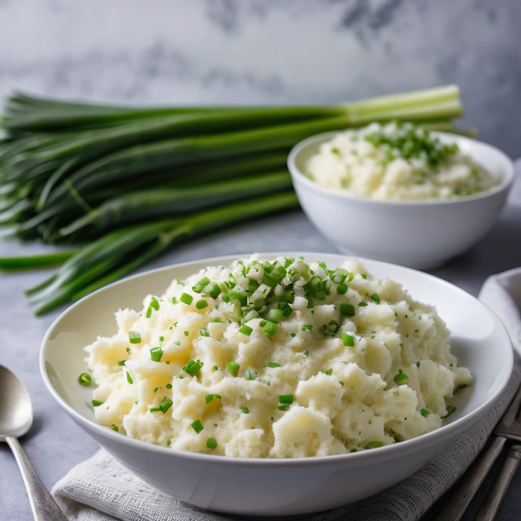 Golden mashed potatoes topped with chopped scallions in a white bowl.