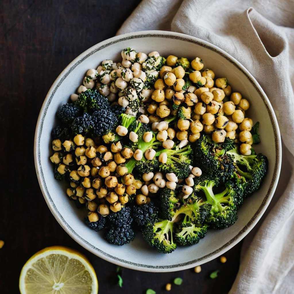 A colorful bowl with charred broccoli florets and chickpeas drizzled with creamy tahini sauce and lemon zest.