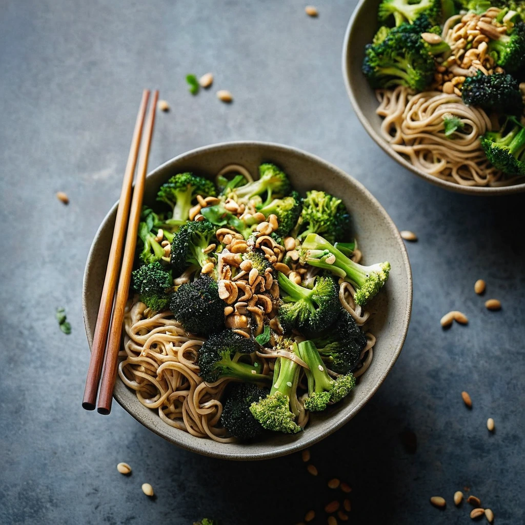 Steamed noodles topped with charred broccoli florets, drizzled with creamy peanut sauce, sprinkled with sesame seeds in a bowl.