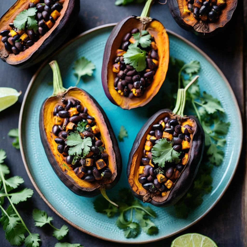 Two halved baked sweet potatoes filled with golden charred corn and black beans, garnished with fresh cilantro on a rustic wooden board.