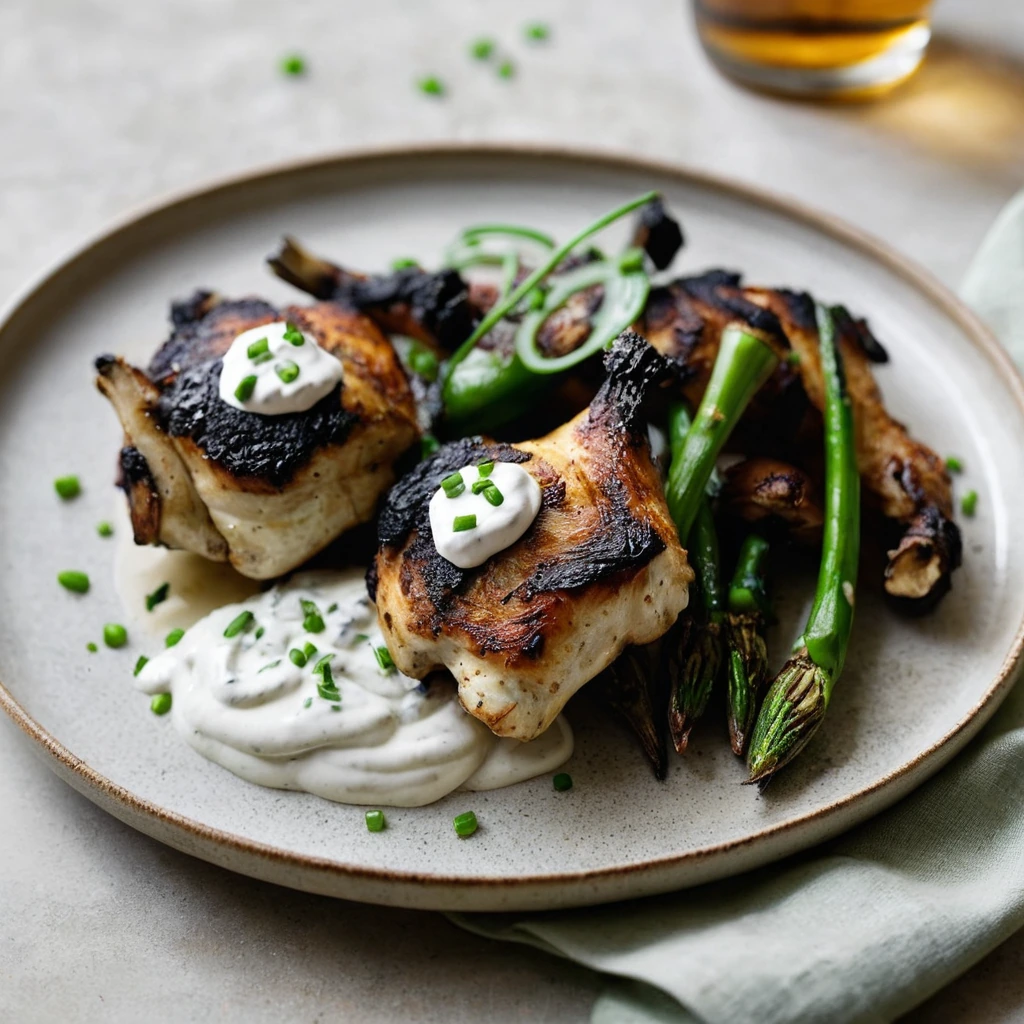 Golden-brown chicken thighs on a platter, topped with vibrant green charred scallions and a drizzle of creamy yogurt.