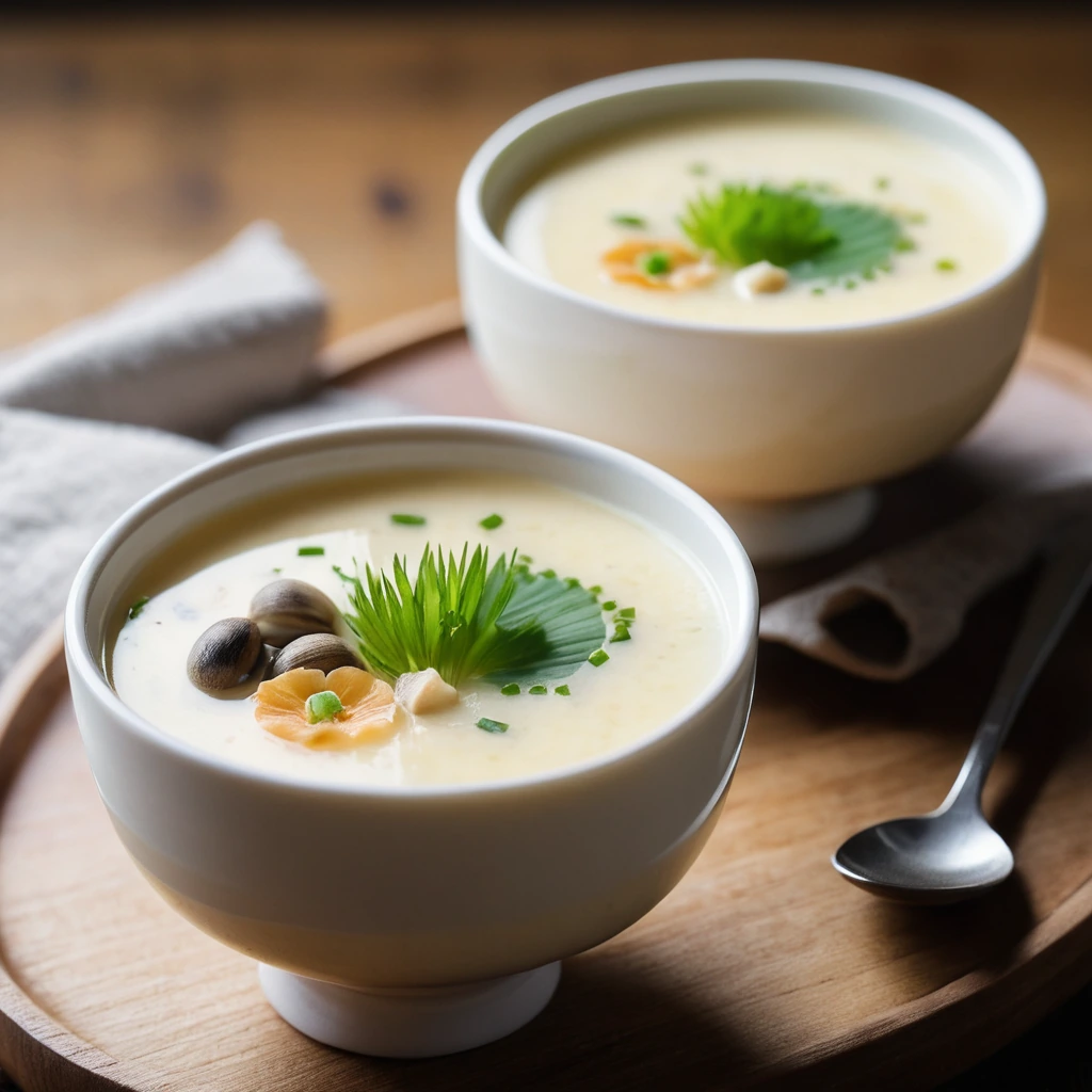 Steamed custard in small white bowls, flecked with green onions and mushrooms, served on a wooden tray.