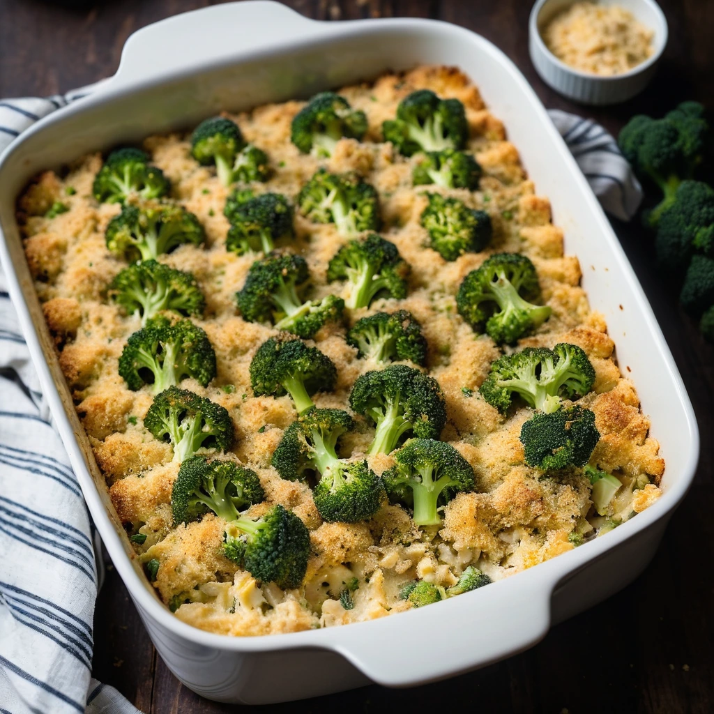 A bubbling casserole in a baking dish with golden breadcrumbs, melted cheddar cheese, and green broccoli florets.