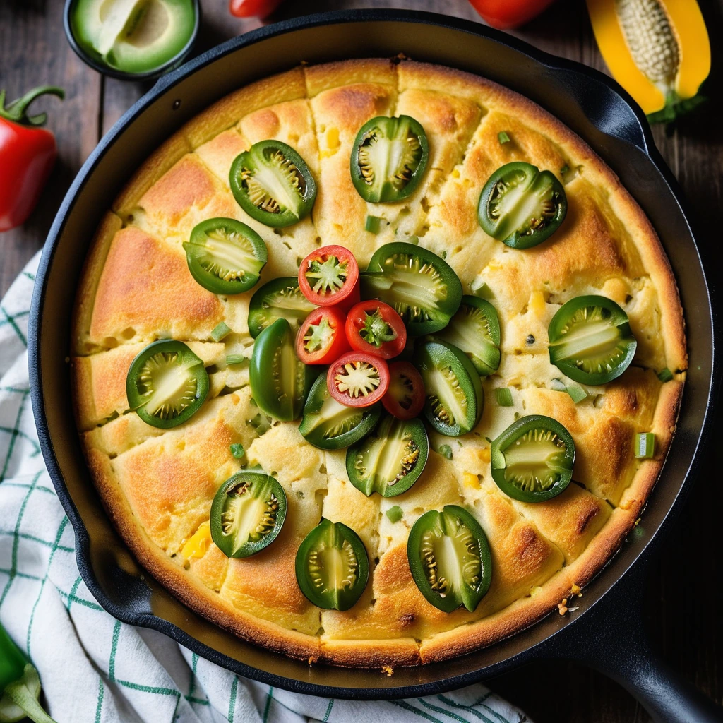Golden cornbread skillet with melted cheddar cheese and sliced jalapeños, green and red bell peppers, and diced tomatoes.