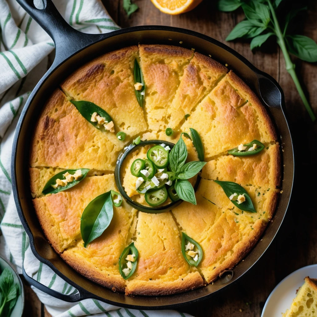 Golden cornbread in a skillet, sprinkled with green jalapeño slices and melted orange cheddar.
