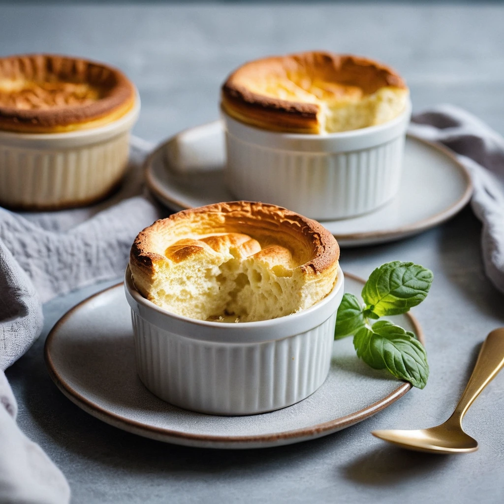 Golden brown cheese soufflé in a ramekin with a slightly crispy top