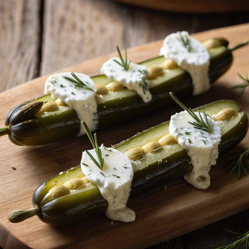 Golden-brown spears of pickles oozing with melted white cheese, arranged on a rustic wooden board.
