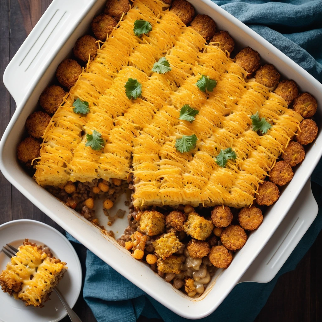 Baked casserole with browned tater tots on top and a layer of ground beef and cheese beneath.