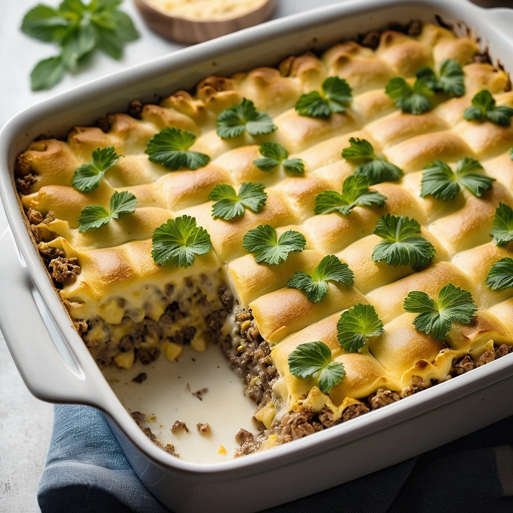 Golden potato casserole topped with melted cheese and ground beef in a baking dish