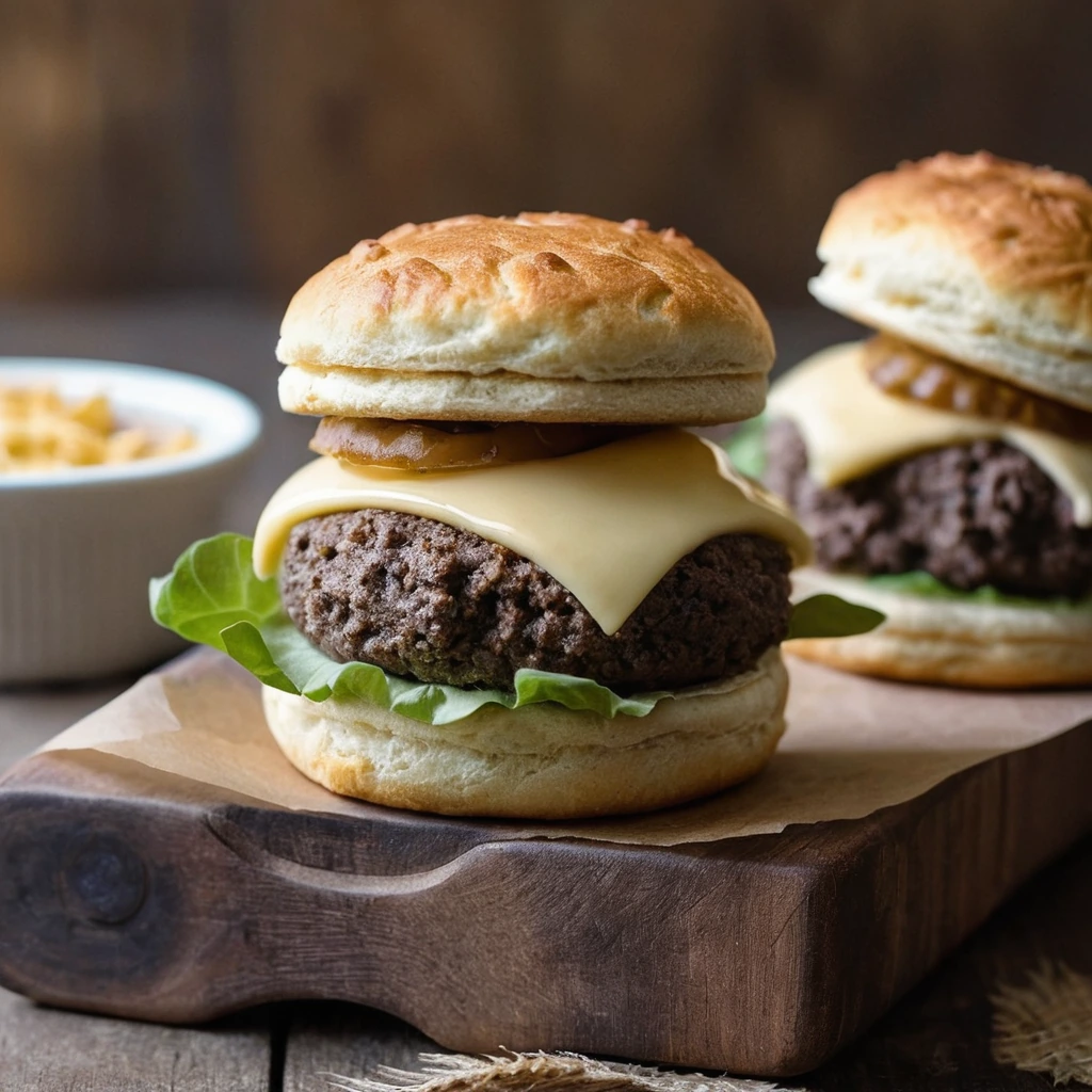 Golden brown biscuits with visible melted cheese and beef patty inside, served on a rustic wooden board.
