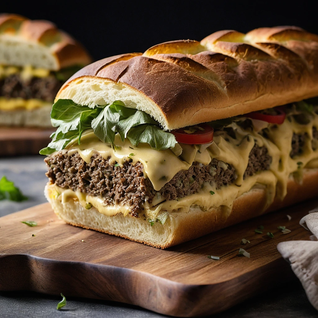 Warm golden garlic bread loaf stuffed with cheeseburger mixture, sliced to reveal melted cheese and beef.