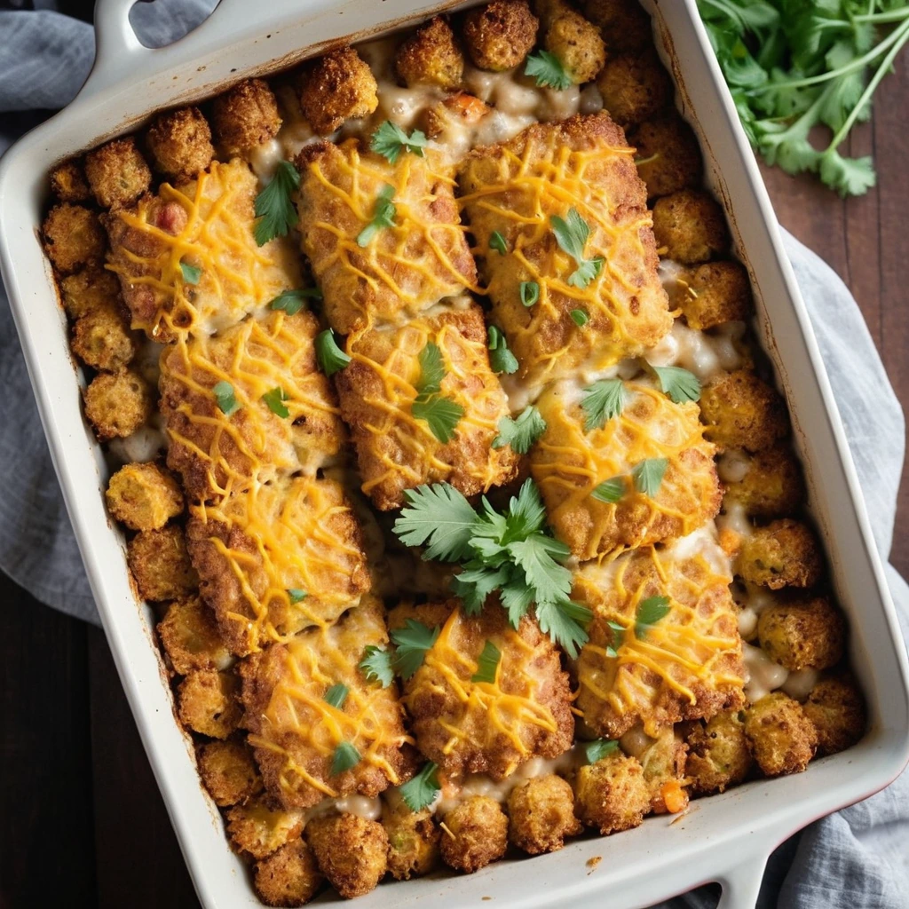 Golden tater tots topped with melted cheese and ground beef in a casserole dish.