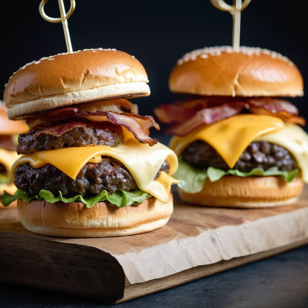 Mini brioche buns holding juicy beef patties with melted cheddar cheese and crispy bacon.