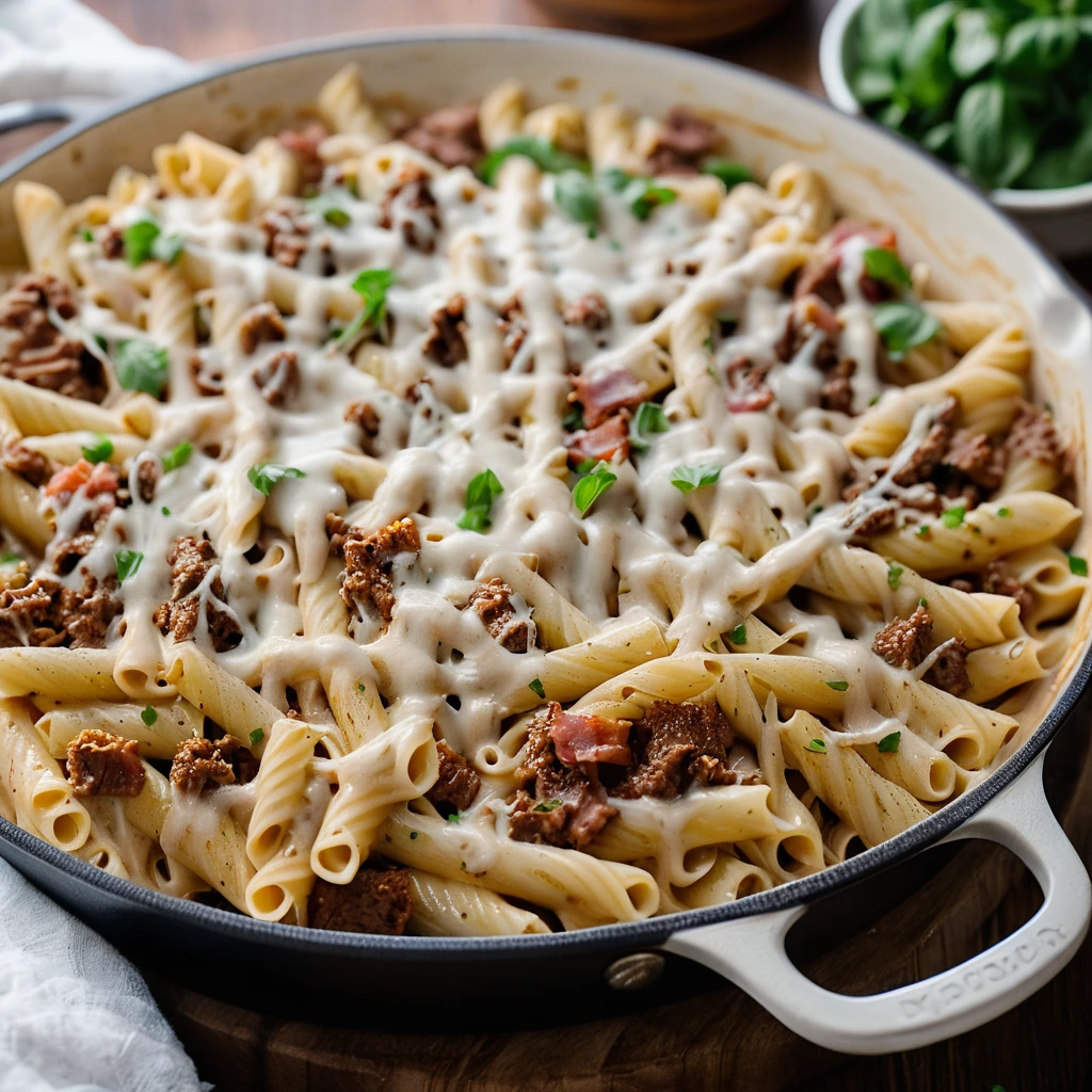 Golden pasta twirled with beef and bacon, topped with melted cheese in a skillet.