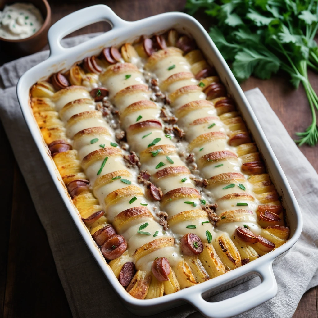 A rectangular casserole dish filled with a golden, bubbly bake topped with melted cheese and crispy bacon.