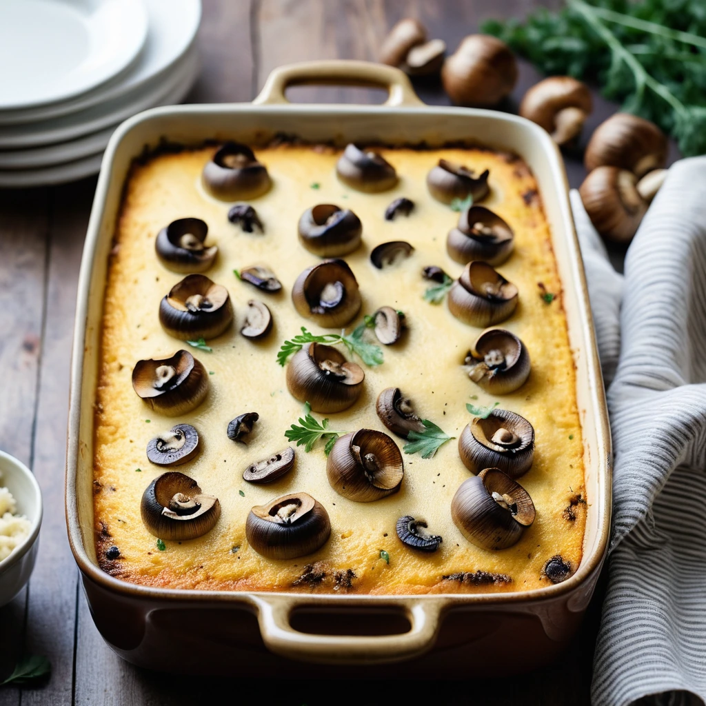 A golden-brown casserole dish filled with creamy polenta topped with roasted mushrooms and melted cheese.