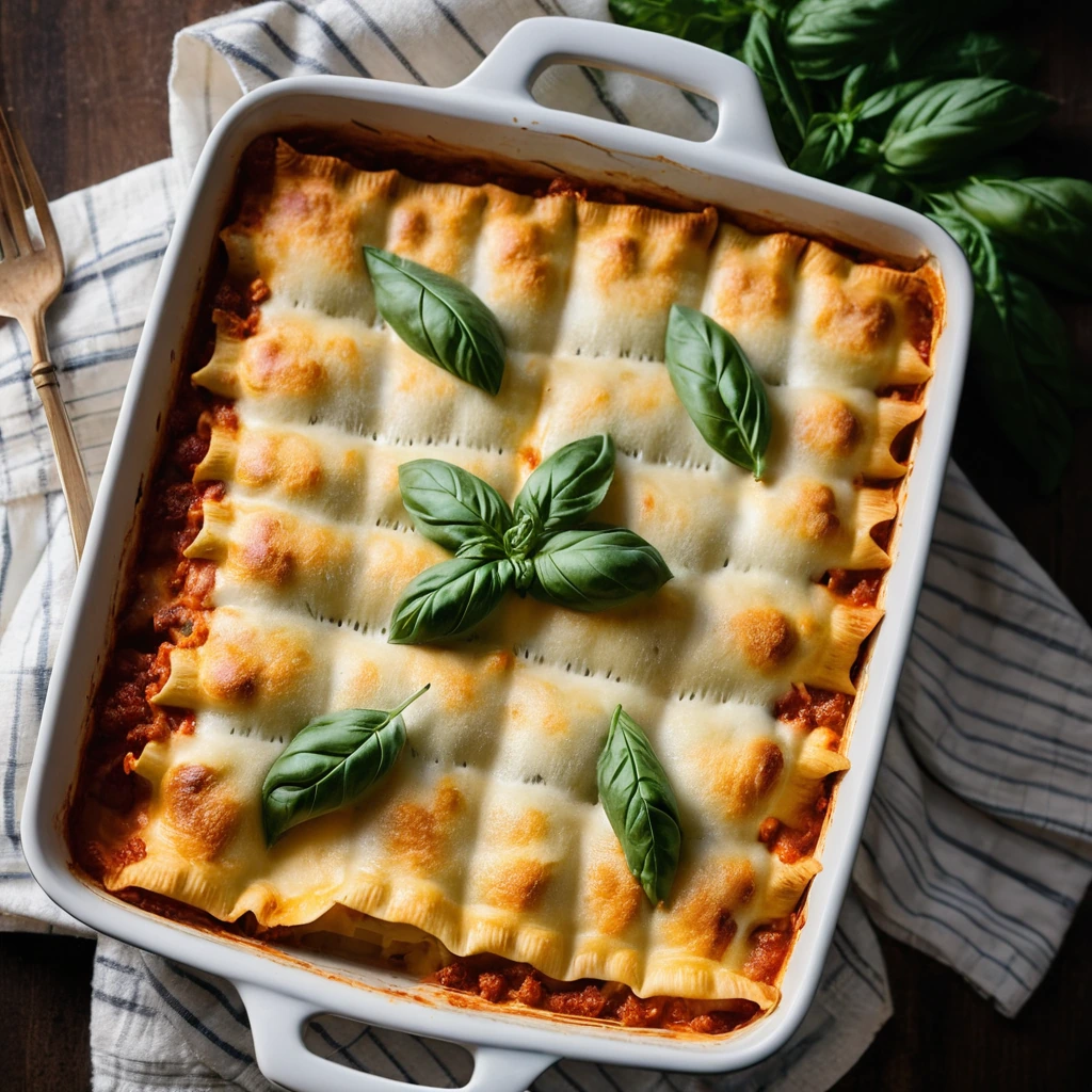 golden brown casserole with layers of ravioli peeking through a blanket of melted mozzarella and parmesan