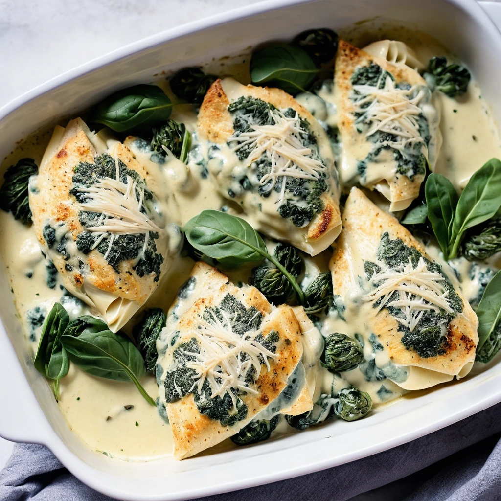 Baked chicken breasts covered in melted cheese, spinach, and artichoke hearts in a casserole dish.