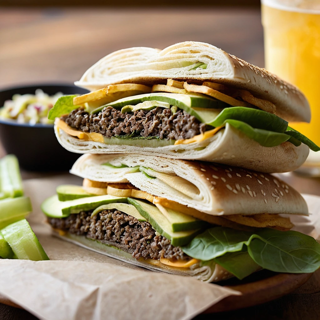 Stacked burger wraps with melted cheddar cheese and pickle slices on a toasted bun
