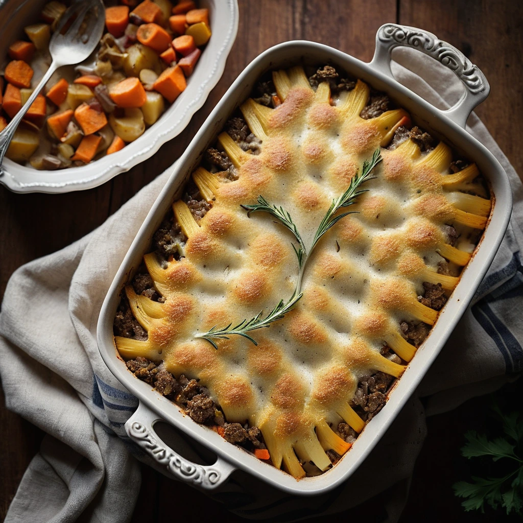 golden brown casserole in a baking dish with a layer of melted cheese on top, sprinkled with paprika