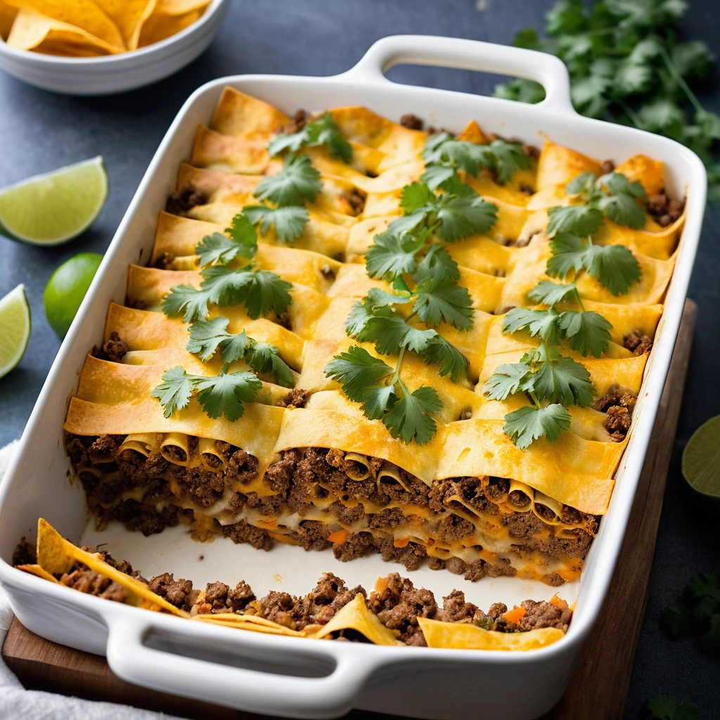 A rectangular casserole dish filled with layers of seasoned ground beef, tortilla chips, and melted cheddar cheese, sprinkled with fresh cilantro.