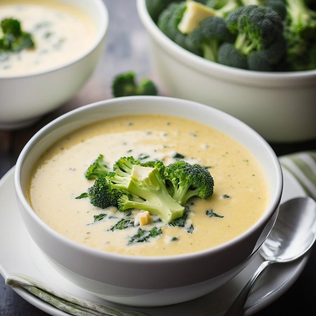 Steaming bowl of creamy orange soup with green broccoli florets and melted cheddar cheese on top.