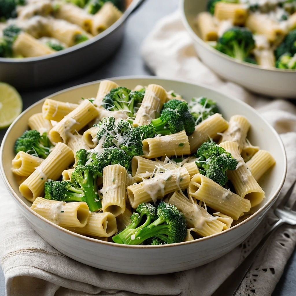 Golden rigatoni pasta in a creamy sauce topped with melted cheese, with broccoli and chicken pieces.