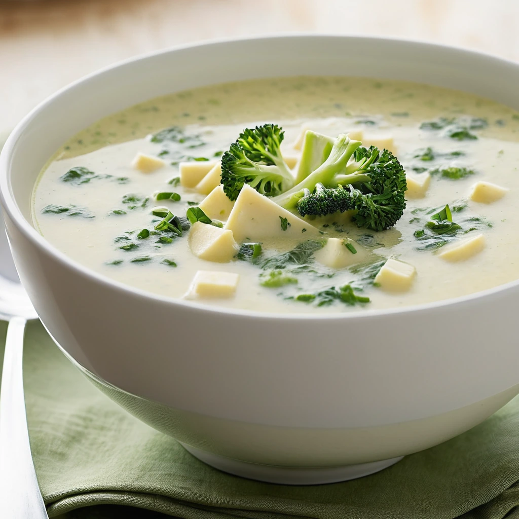 Steaming bowl of creamy, golden soup with green broccoli florets and shredded cheese on top.
