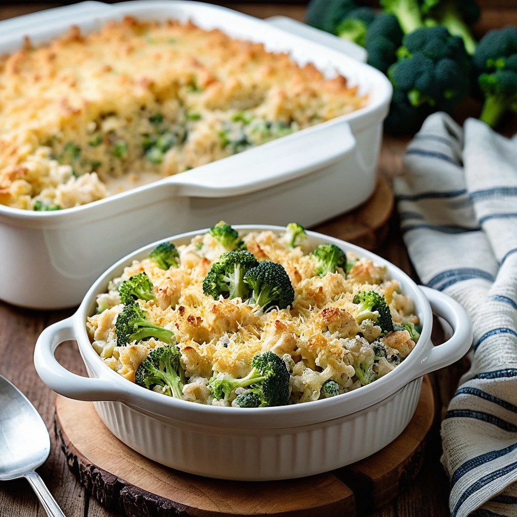 Golden casserole dish with a bubbly, cheesy top, broccoli florets peeking through, served on a rustic wooden table.
