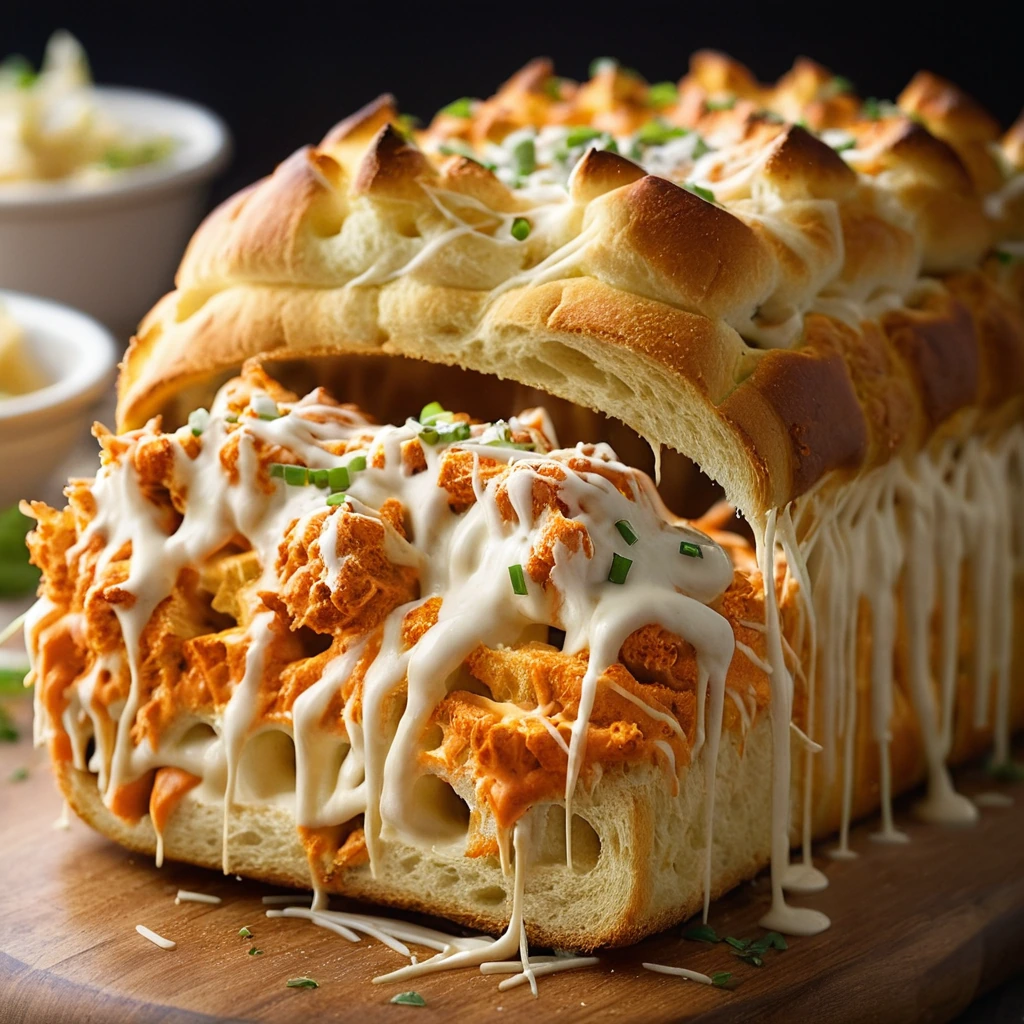Golden brown loaf of garlic bread, pulled apart to reveal layers of shredded buffalo chicken and melted cheese.