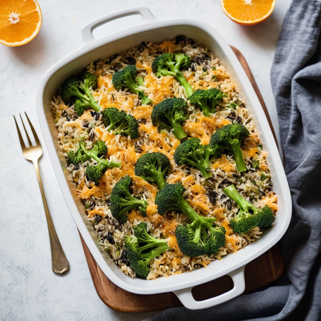 golden casserole dish filled with green broccoli, white rice, and melted orange cheese