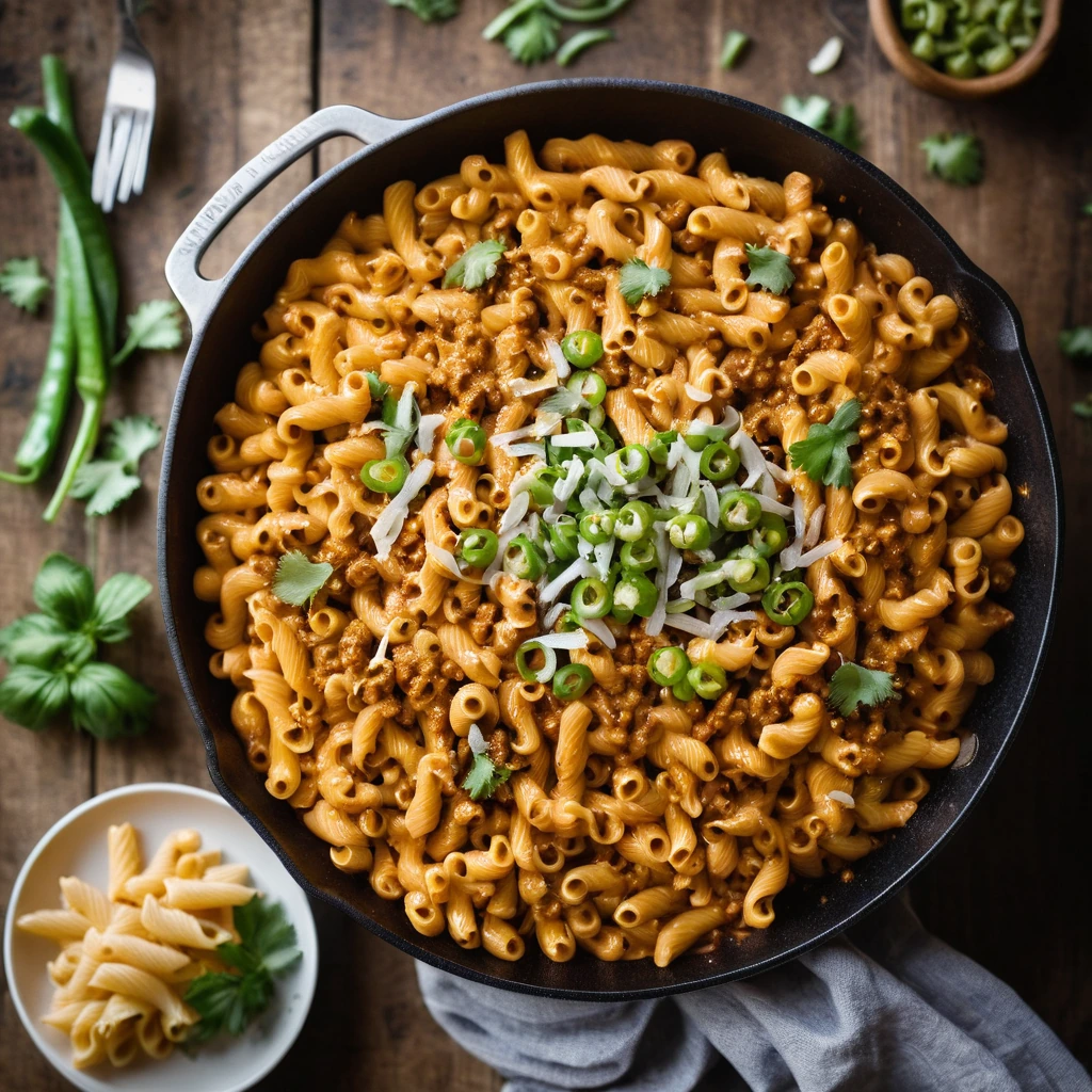 Golden elbow pasta in a bubbly, orange-hued cheesy chili sauce, sprinkled with green scallions.
