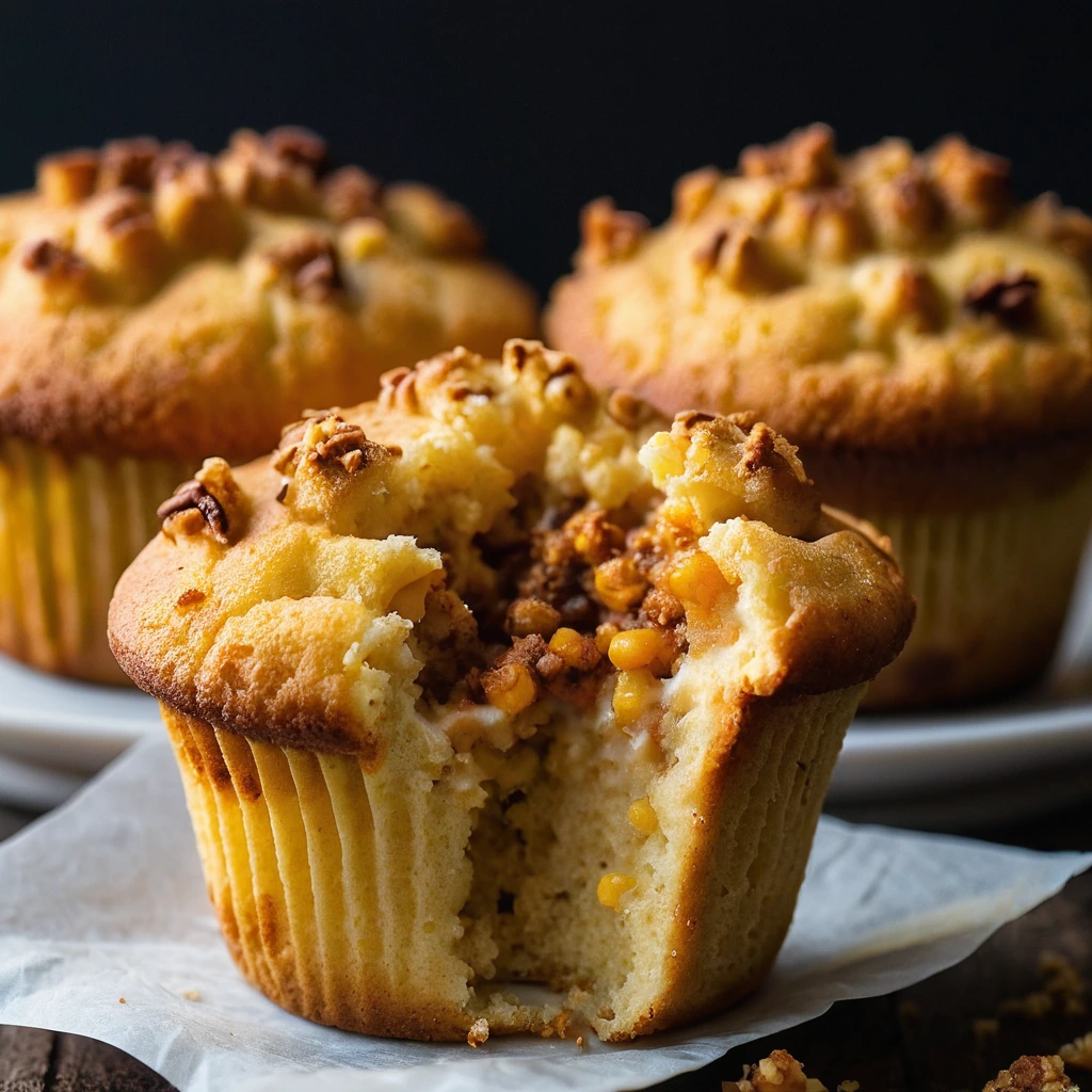 Golden cornbread muffins with a gooey, orange-red chili mac filling, sprinkled with melted cheese on top.