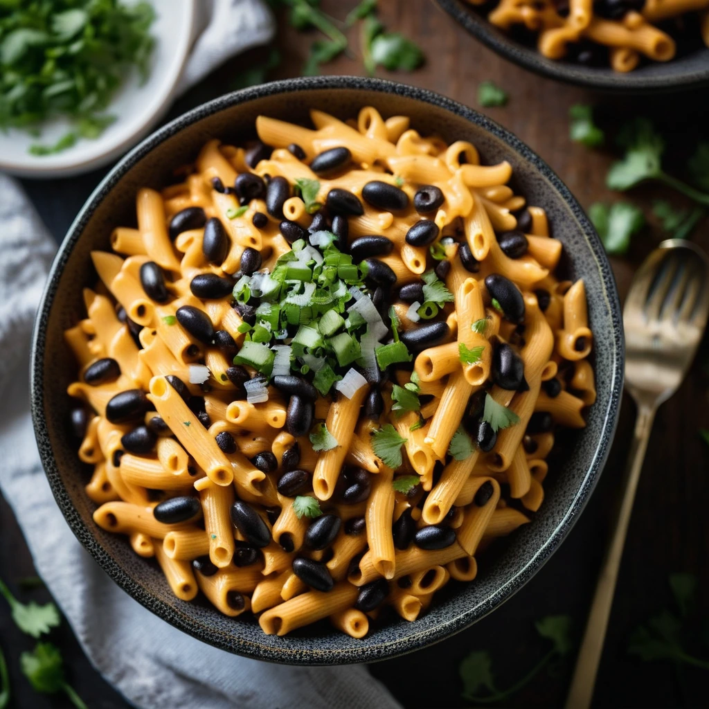 A steaming bowl of orange-hued pasta topped with melted golden cheddar, sprinkled with fresh green chives.