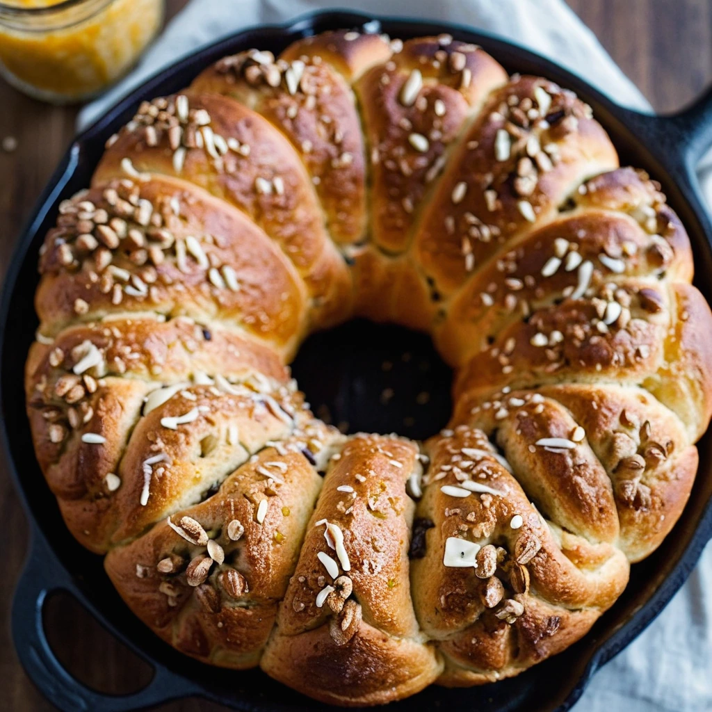 Golden brown monkey bread in a cast iron skillet, topped with melted cheese and everything bagel seasoning.