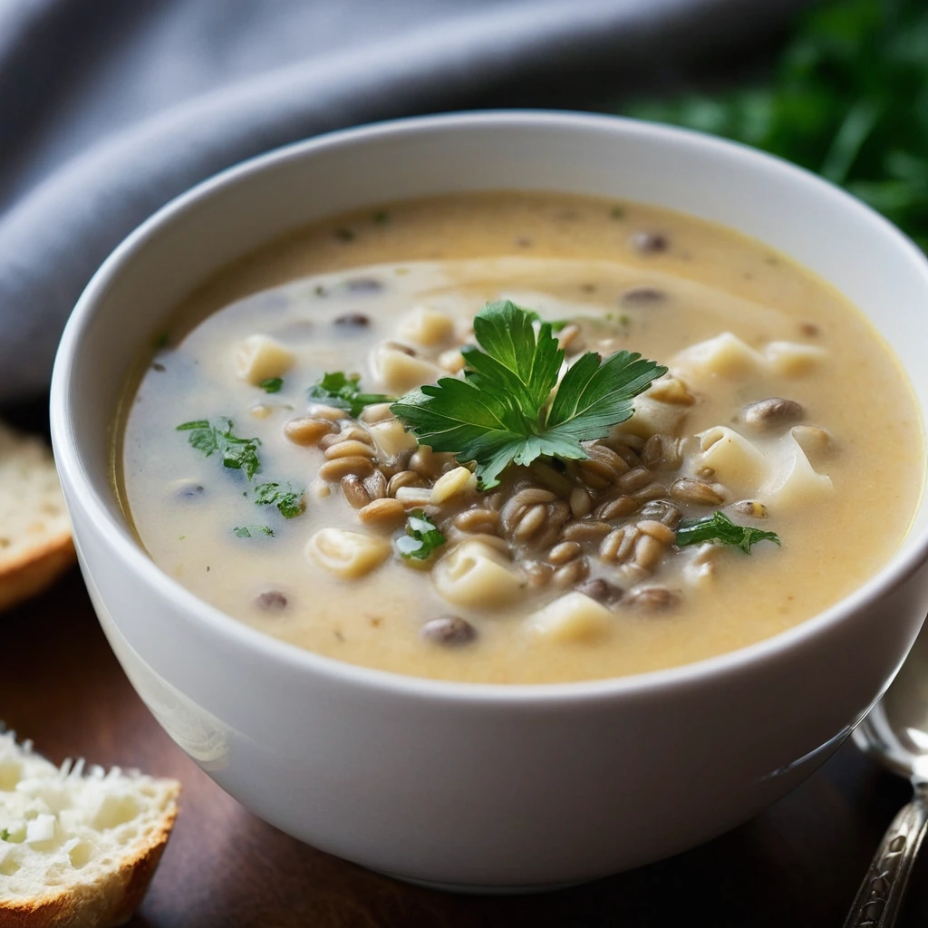 Steaming bowl of golden soup with melted cheese on top, garnished with fresh parsley.
