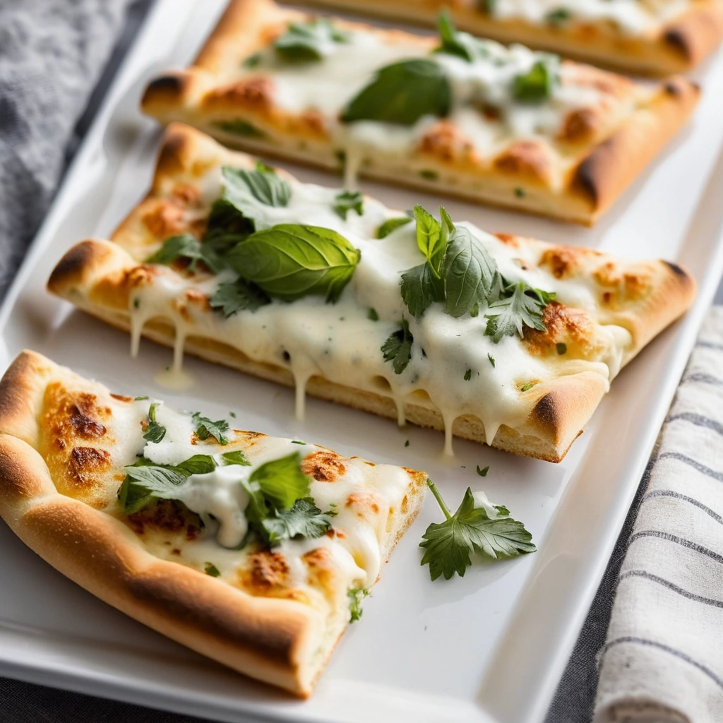 Warm golden pizza dippers with melted cheese and fresh parsley on a white plate.