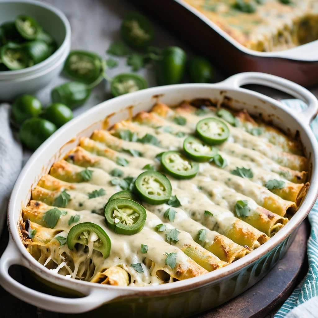 Golden bubbly casserole in a baking dish with green chiles and melted cheese on top, served in a rustic plate.