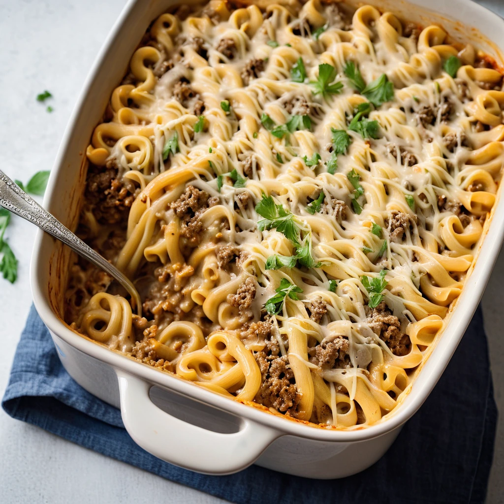 Golden casserole dish filled with creamy, cheesy ground beef and noodles topped with melted cheddar.