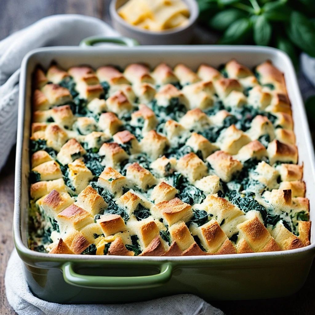Golden strata in a baking dish topped with melted cheese and fresh herbs, served in a rustic plate.