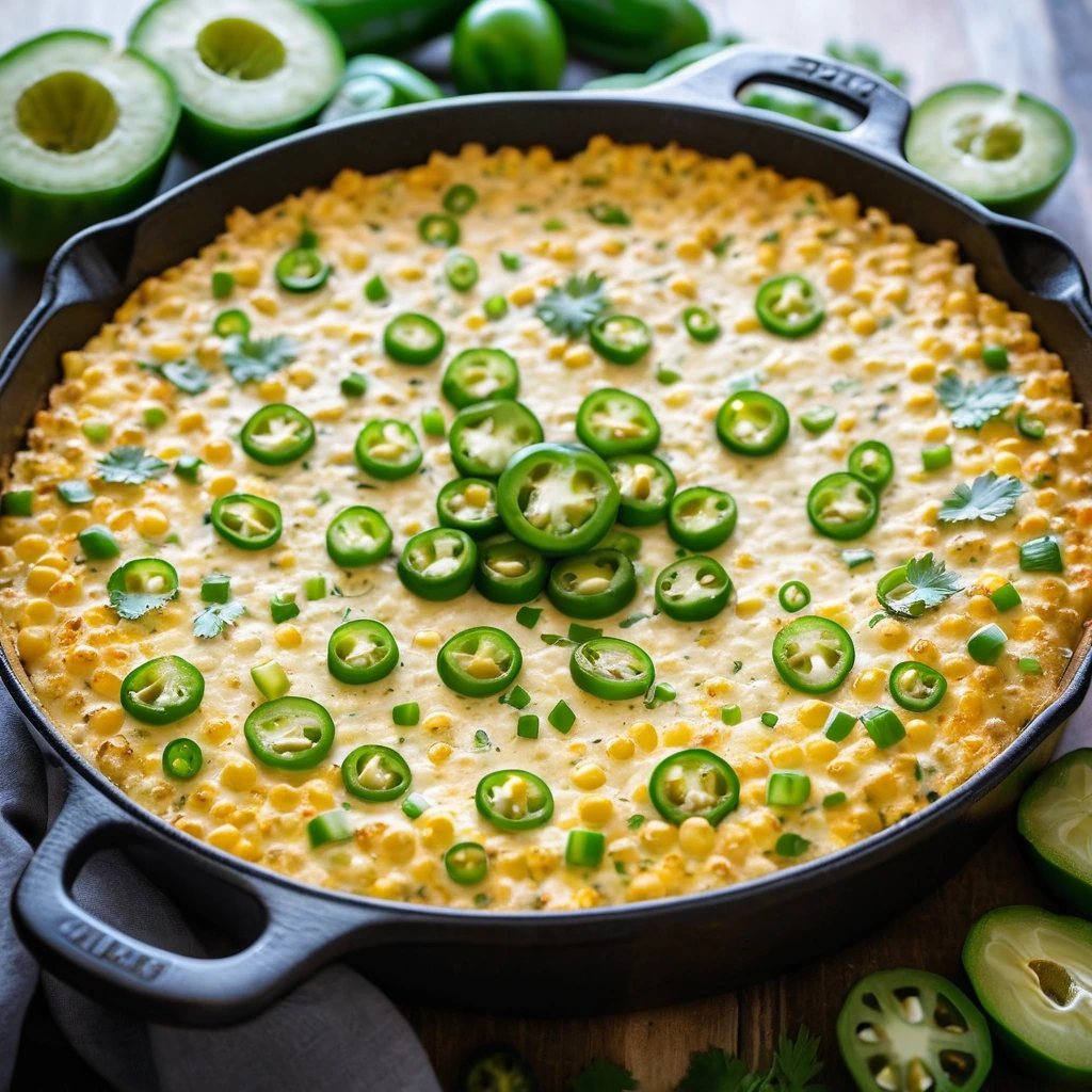 A bubbling skillet of golden, melty cheese dip with flecks of green jalapeño and golden corn kernels.