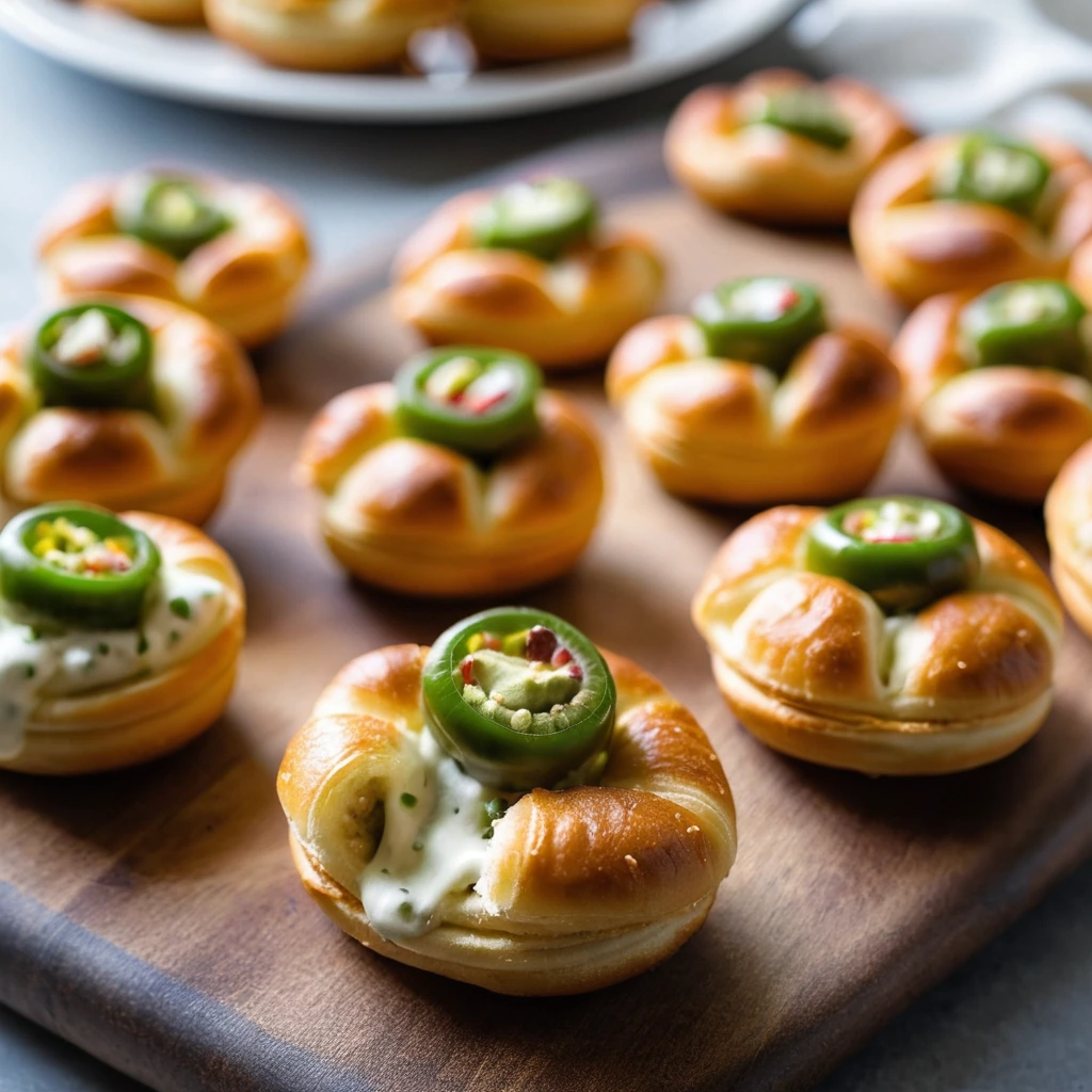 Baked golden pretzel bites filled with melted cheese and diced jalapeños, arranged on a serving platter.