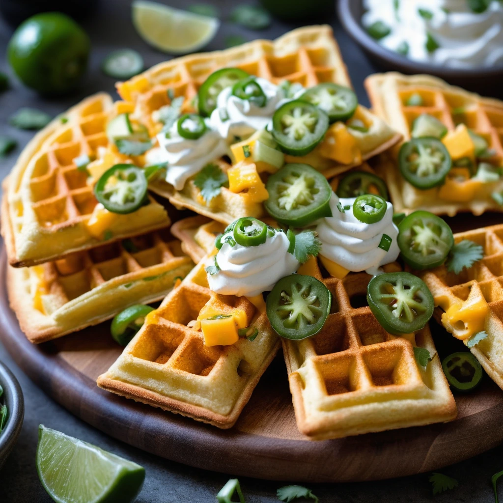 Golden waffles topped with melted orange cheddar cheese, diced jalapeños, and a sprinkle of fresh cilantro.