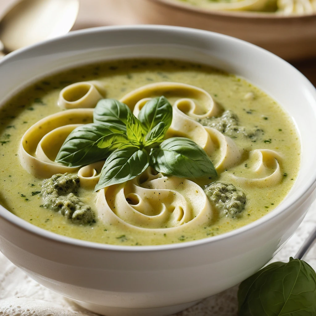 Steaming bowl of golden-orange soup topped with melted cheese and green pesto swirls.